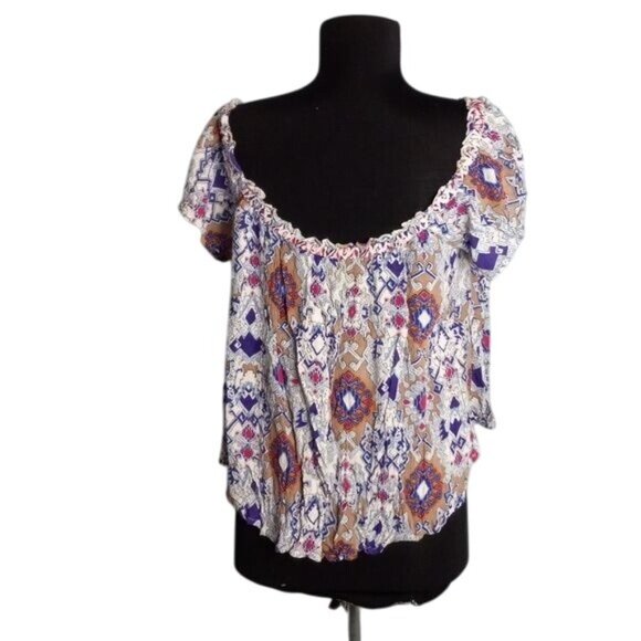 Patrons Of Peace XS Crop Top Boho Peasant Colorful Geometric Crinkle Broomstick - Picture 3 of 8